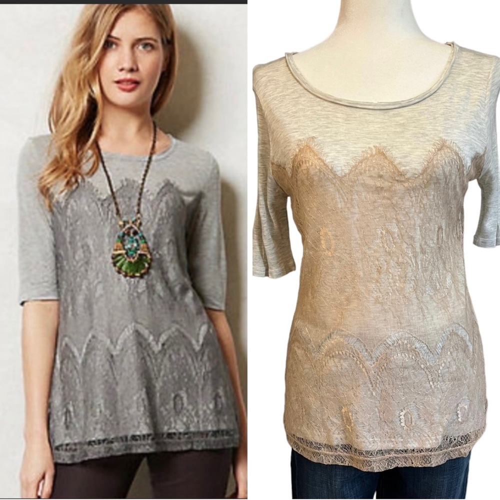 Anthropologie Bordeaux Marion Lace Top Gray/Rose Gold Cream Color XS